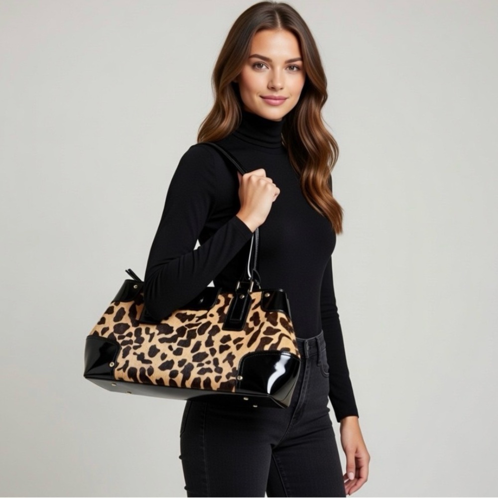 Talbots Black and Leopard Print Shoulder Bag